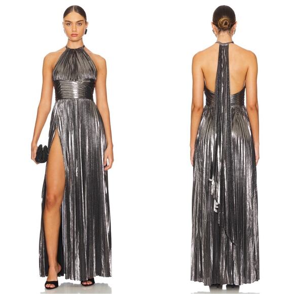 Retrofete Reiss Ruched Pleated Halterneck Metallic Gunmetal Maxi Dress Size L - Picture 1 of 9